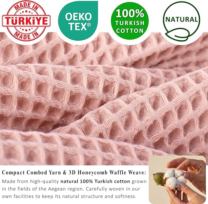 PÜSKÜL Natural 100% Turkish Cotton Waffle Kitchen Towels Set of 3 | Oeko-Tex, Premium Waffle Hand Towels for Bathroom | Soft Absorbent Quick-Dry Lint-Free Dish Towel Large 32x16 inch (3, Pink Powder)