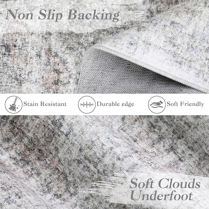 Washable 5x7 Area Rugs for Living Room Low Pile Boho Small Carpet Soft Bedroom Rug Vintage Distressed Indoor Rugs Non Shedding Thin Retro Carpet for Kitchen Nursery Dining Room, Beige