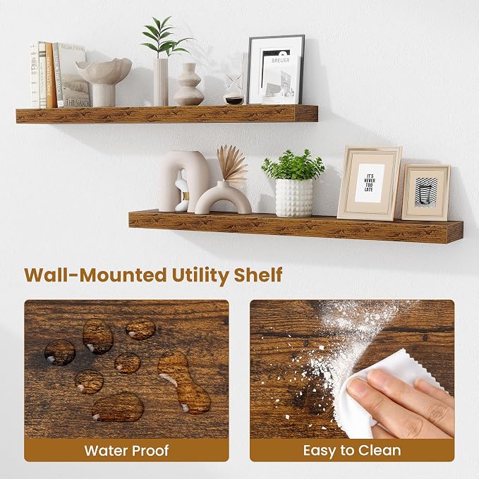 Fun Memories 40 Inch Floating Shelves, Long Wood Wall Shelf Set of 2 with Invisible Brackets, for Bathroom, Living Room, Bedroom, Kitchen, Rustic Brown