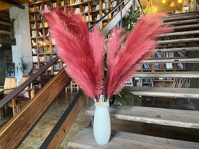 Premium Faux Pampas Grass Decor Tall & Fluffy, No Assembly Needed Long Pampas, Luxury Large Floral, Elegant Feather Flowers for Wedding Decor (Artificial - Rubber red, 8pcs 43.3"(110cm))