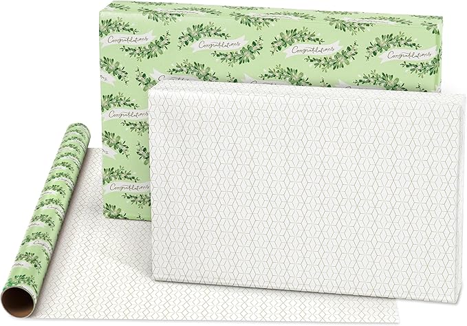 American Greetings 160 sq. ft. Reversible Wrapping Paper Bundle for Weddings, Bridal Showers and All Occasions, Greenery and Love Text (4 Rolls, 30 in. x 16 ft.)
