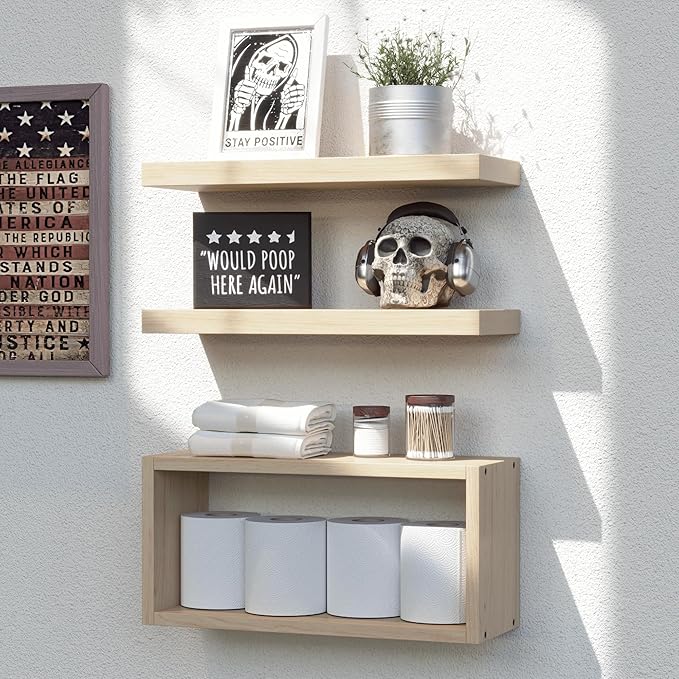 RICHER HOUSE Floating Shelves Set of 3, Modern Bathroom Shelves Wall Mounted with Invisible Brackets Over Toilet, Rustic Wall Shelves for Bathroom Bedroom, Living Room, Kitchen - Light Brown