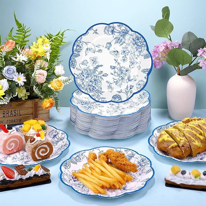 100 Pieces Blue Floral Paper Plates 9 Inches Disposable Blue and White Flower Scalloped Plates Vintage Floral Dinner Dessert Decorative Plate for Wedding Baby Shower Birthday Party Supplies