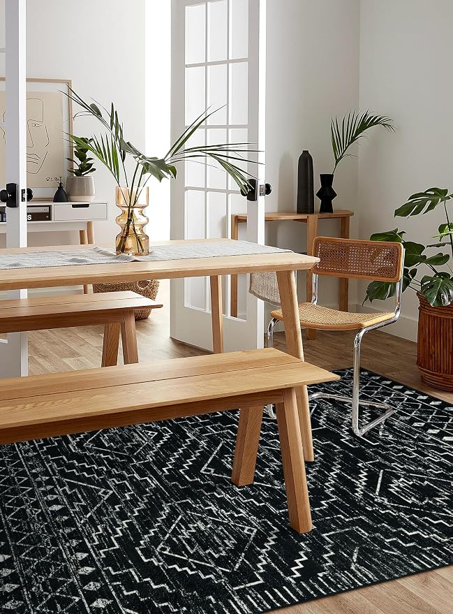 Wonnitar Moroccan Washable Rug 4x6, Black Boho Living Room Area Rug, Non-Slip Farmhouse Bedroom Carpet Dorm Room Throw Rug, Low Pile Soft Accent Mat for Kitchen Entry Office (Black,4'x6')