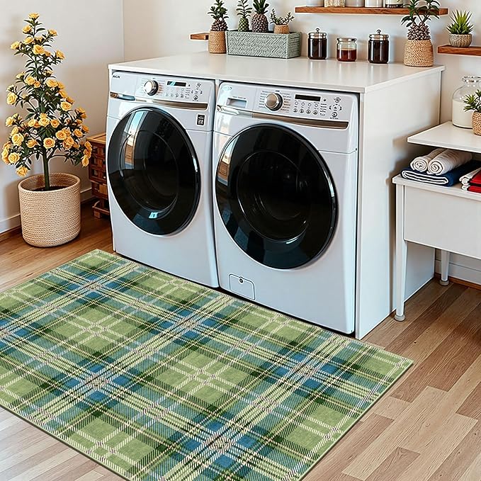 3x5 Buffalo Entry Rug - Small Washable Indoor Outdoor Mats for Front Door Non-Slip Porch Rug Green Teal Plaid Tartan Throw Rugs for Living Room Bedroom Entryway Kitchen Office Porch Decor