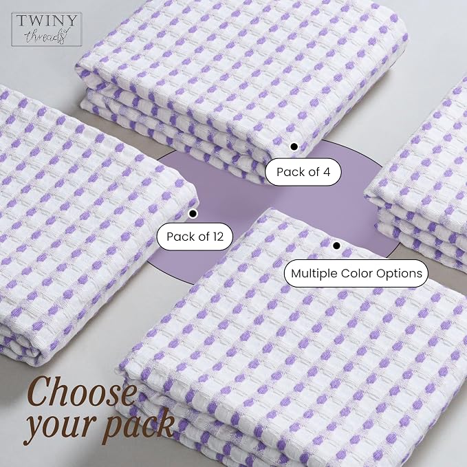 TWINY threads Waffle Weave Kitchen Towels Set of 4, Premium 100% Cotton, 16x26 Inches Dishcloths Pack, Ultra Absorbent & Quick Dry Wash Rags for Home Kitchens, Lavender, White