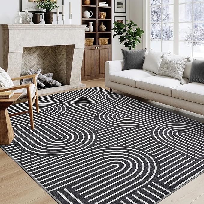 Washable Boho 9x12 Large Area Rug Modern Abstract Black White Rugs Non Shedding Soft Bedroom Carpet Ultra-Thin Low Pile Living Room Floor Mat Non Slip Modern Carpet for Playroom Dining Room, Black
