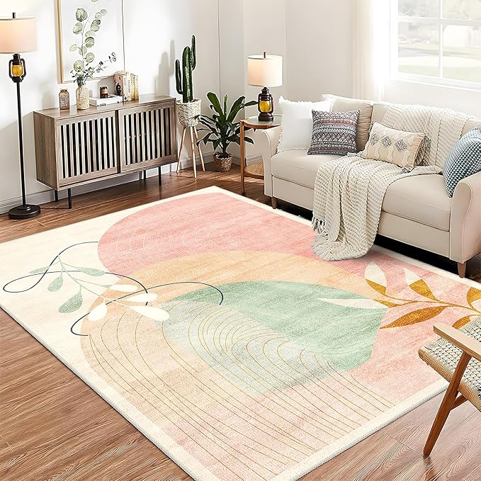 MUJOO 5x7 Area Rugs for Bedroom Living Room,Boho Washable Rug Non Slip Throw Carpet for Office Dining Room Indoor Mid Century Modern Abstract Botanical Geometric Accent Pink