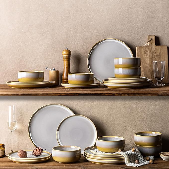 TheTerra Ceramic Dinnerware Sets for 6, 18 Pieces Handmade Reactive Glaze Plates and Bowls Set, Scratch Resistant Dish Set, Oven & Microwave & Dishwasher Safe, Autumn Haze