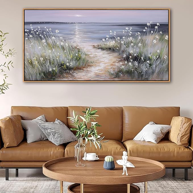 KLAKLA Bedroom Decor Wall Art Blue Beach Picture Ocean Theme Flower Canvas Print Modern Coastal Seascape Painting Framed Seaside Artwork Floral Daisy for Home Sea Lake Living Room 24X48 Inch