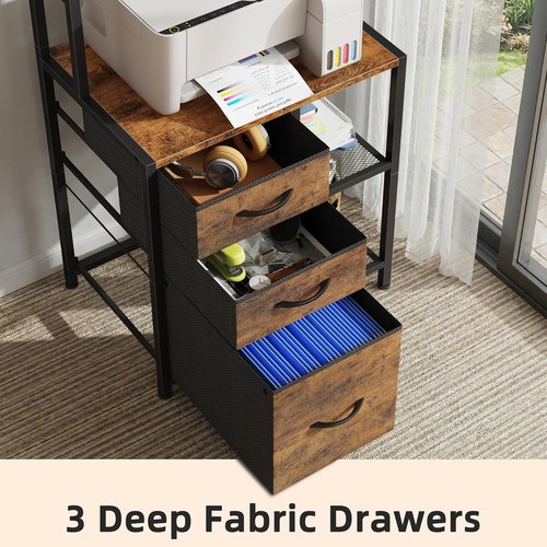 HIGDBFE File Cabinet - 3 Fabric Drawers & 4 Open Shelves - Rustic Brown Office Storage Solution