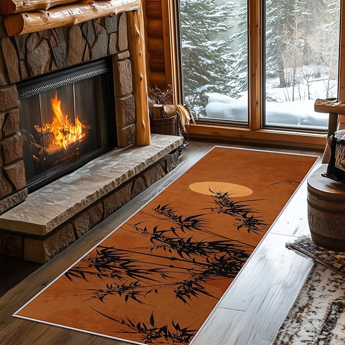 Oriental Bamboo Runner Rug 4x12, Full Moon Sunset Design, Asian Zen Nature Area Rug, Washable Non-Slip Floor Carpet Runner for Bedroom, Dining Room, Living Room Aisle