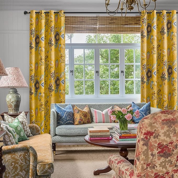 XiDi Vintage Floral Patterned Curtains Blackout 102 Inches Long 2 Panels for Bedroom Thermal Insulated Luxury Curtains with Botanical Leaf Printed Design Grommet Drapes Mustard Yellow 52x102