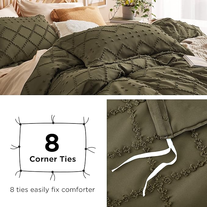 Bedsure Boho Duvet Cover Queen Size - Olive Green Breathable & Soft Boho Bedding, Machine Washable Comforter Cover for All Seasons, Includes 1 Duvet Cover 90"x90" with 2 Pillow Shams & Zipper Closure