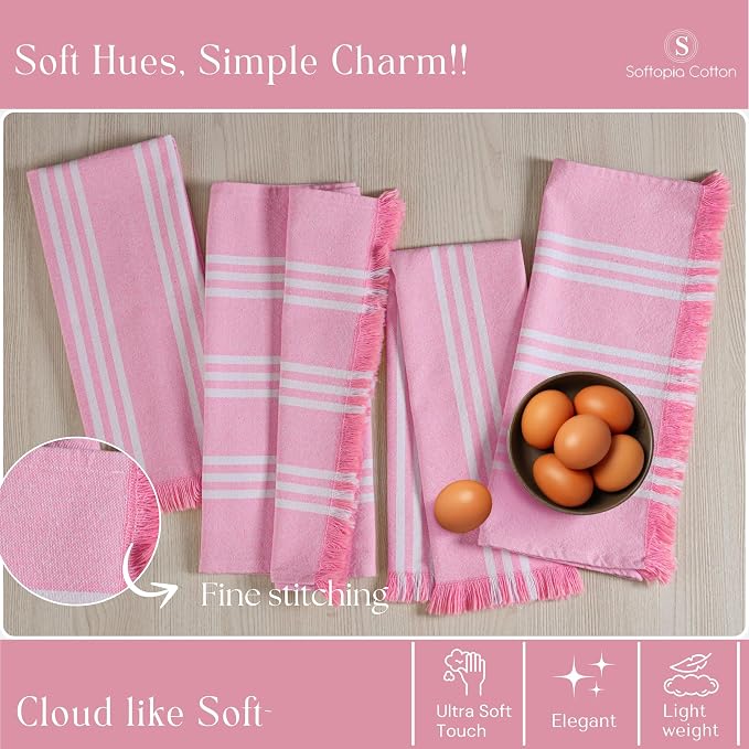 Prewashed Stripe Tea Towels 12 Pack, 16x26 Inches, Dish Cloths for Cooking and Cleaning, Quick Dry Kitchen Rags, Reusable Hand Towels for Drying Dishes and Surfaces - Rose Pink