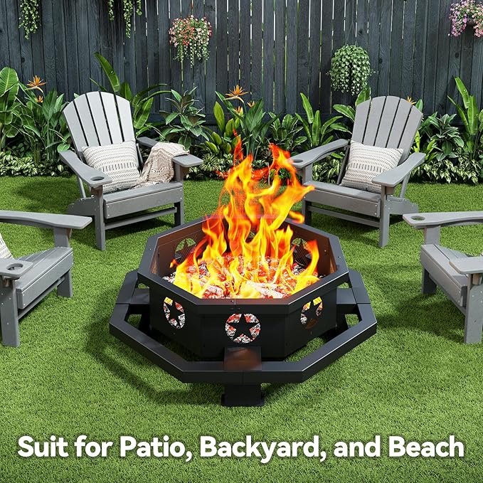 ZIENLIFE 43 Inch Fire Pit for Outside Wood Burning, Outdoor Octagonal Fire Pit with Poker, Large Firepit for Camping, Backyard, Patio, Black