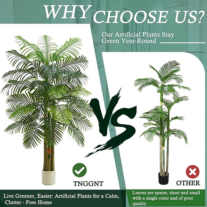 Artificial Golden Cane Palm Tree：6T Fake Large Tropical Areca Palm Trees Tall Faux Silk Plant in White Pot with Realistic Triple Textured Trunks for Office Outdoor Home Decor Hotel Patio Lobby