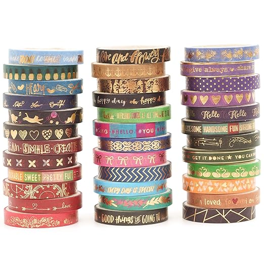 Songdao 36 Rolls Skinny Washi Tape Set Gold Foil Detailing Arts Adhesive Tapes Basic Patterns Decorative Masking Tape Sets for Craft, Kids, Scrapbook, DIY, Gift Wrapping (Bronzing Letters)