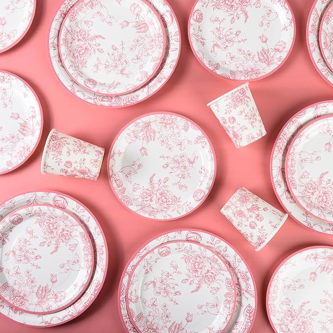 175Pcs Pink Floral Paper Plates and Napkins 25 Guests Pink White Toile Chinoiserie Party Supplies Set Include Plates Napkins Cups Spoons Forks Knives for Christmas Birthday Wedding Mother's Day