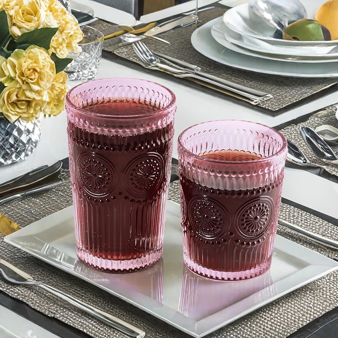 Loivttvv 12pcs Vintage Drinking Glasses Set, 12 oz Highball Glasses & 9 oz Embossed Ribbed Glassware Cups for Cocktail, Water, Juice, Coffee, Whiskey (Pink)
