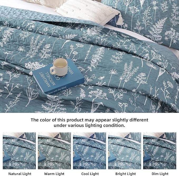 JANZAA Quilt King Size Mineral Blue Quilt Bed Spread Boho Quilt with Floral Pattern Microfiber Quilts Set 3 Pieces Lightweight Comforter Reversible Bedding Set,1Quilt 104x90 inches, 2 Pillowcases