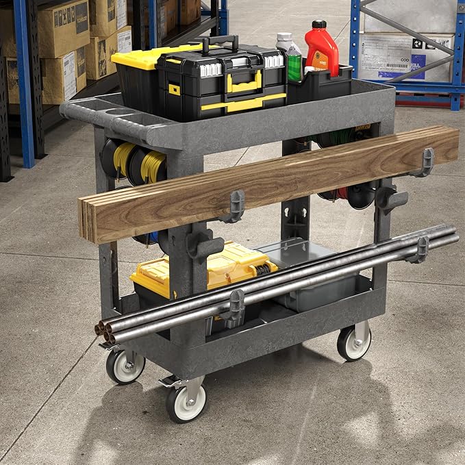 34"*17" Heavy Duty Utility Cart, 2 Shelf Plastic Rolling Cart Tool Cart with Ergonomic Handle 5" Swivel Casters 4 Hooks 1000lbs Capacity for Garage, Warehouse, Cleaning