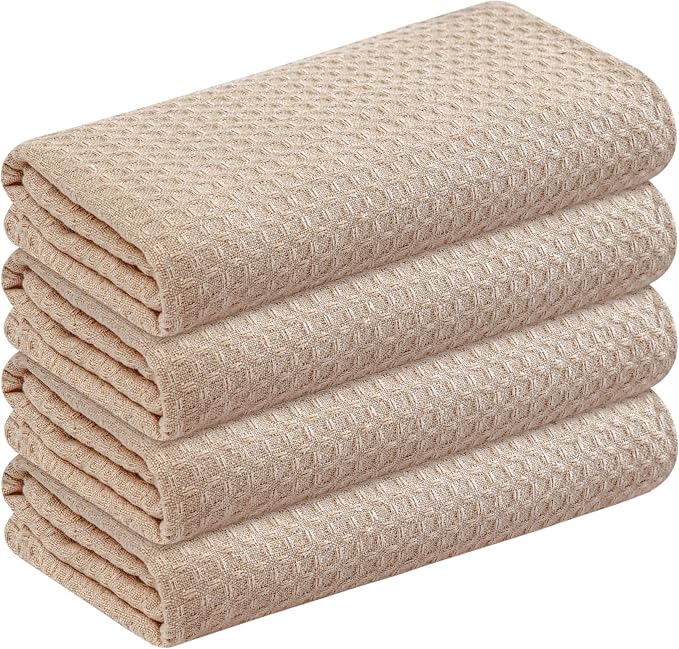 Beige Kitchen Dish Towels Set of 4-100% Cotton Waffle Weave, Super Absorbent, Soft, Quick Drying, 16x26 Inches, Ideal for Cleaning, Bar, Tea, and Everyday Use, Tan