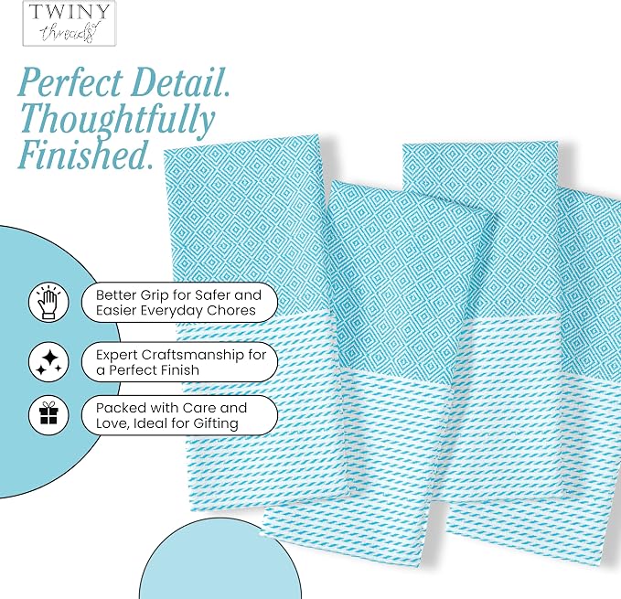 TWINY threads Kitchen Towel Diamond Design, Premium 100% Cotton Kitchen Linen Set, Large Dish Rags and Wash Rags, Absorbent Quick Drying, Washable Reusable, Pack of 4, 18"x26", Aqua Blue