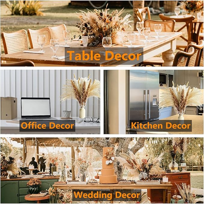 200 PCS Small Boho Pampas Grass, 17" Naturally Dried Pompas, Pampas Grass Decor for Wedding , Boho Party Decorations, Table Decor（Brown and White）