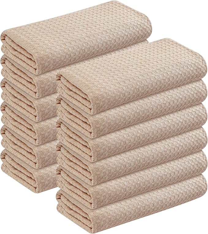 Beige Waffle Kitchen Dish Towels, 100% Cotton, Quick Dry, Super Absorbent, Soft, Lint-Free, 16x26 Inches - Ideal for Dish Drying, Bar, Tea, Cleaning, and Everyday Use, 12 Pack, Tan