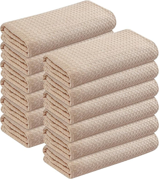 Beige Waffle Kitchen Dish Towels, 100% Cotton, Quick Dry, Super Absorbent, Soft, Lint-Free, 16x26 Inches - Ideal for Dish Drying, Bar, Tea, Cleaning, and Everyday Use, 12 Pack, Tan