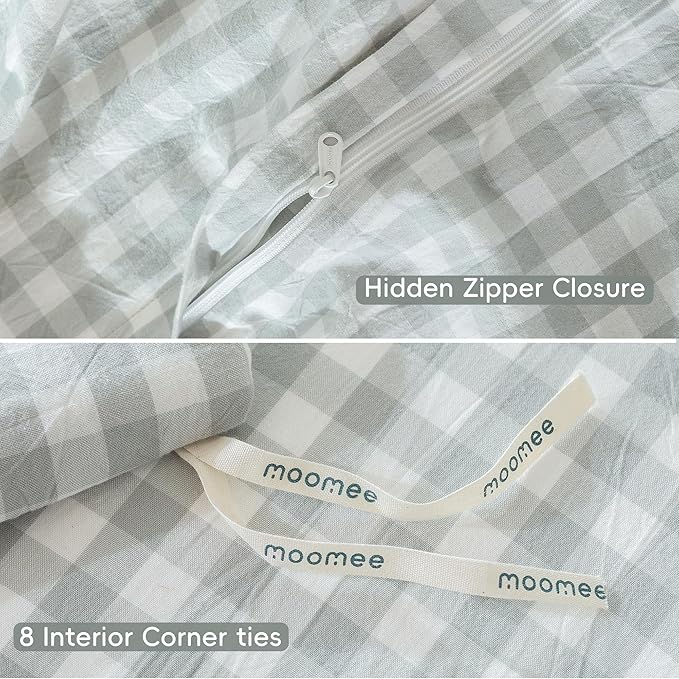 MooMee Gingham Duvet Cover Set 100% Washed Cotton Linen Like Textured Breathable Durable Soft Comfy Modern Checkered Design (Northern Droplet Grey Gingham, Cal King 104"x98")