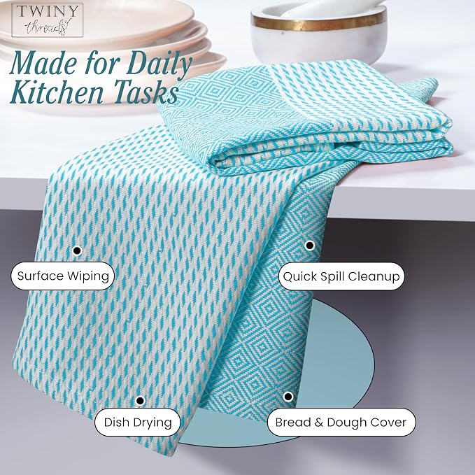 TWINY threads Kitchen Towel Diamond Design, Premium 100% Cotton Kitchen Linen Set, Large Dish Rags and Wash Rags, Absorbent Quick Drying, Washable Reusable, Pack of 4, 18"x26", Aqua Blue