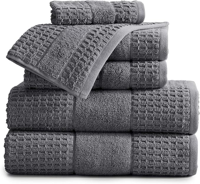 Market & Place 100% Cotton Super Soft Luxury Towel Set | Quick-Dry and Highly Absorbent | Waffle Textured | 550 GSM | 2 Bath Towels, 2 Hand Towels, & 2 Washcloths | Harper Collection (Dark Grey)