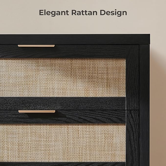 SICOTAS Rattan Dresser for Bedroom, 57" Wide 6 Drawer Dresser with Ample Storage, Wooden Dressers Large Chest of Drawers, Closet, Boho TV Stand for Bedroom (Black Oak, 1 Piece)