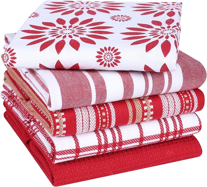 Assorted Kitchen Towels Large 16x26 inches 100% Cotton Set of 5 - Soft Absorbent Washable Tea Towel for Kitchen - Dish Cloths with Hanging Loop - Quick Drying Dish Towels Red