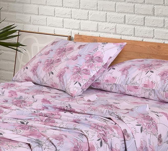 RUVANTI 100% Cotton Split King Sheets Sets for Adjustable Bed, 5 PCs, Soft & Breathable Percale Weave Bedding, Deep Pocket 16", Hotel Standard, Crisp Cool Feel & Durable, Floral Sheet, Lilac Floral