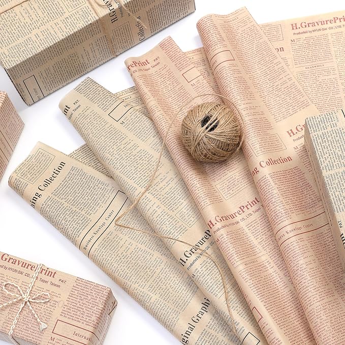 FWSA WRAPS Vintage Newspaper Tissue Paper Sheets Flower Wrapping Paper for Bouquets 28pcs Kraft Paper with Red Classic Newsprint Paper Party Wedding Home Decoration 27.5x19.7 Inch (4 kraft red)