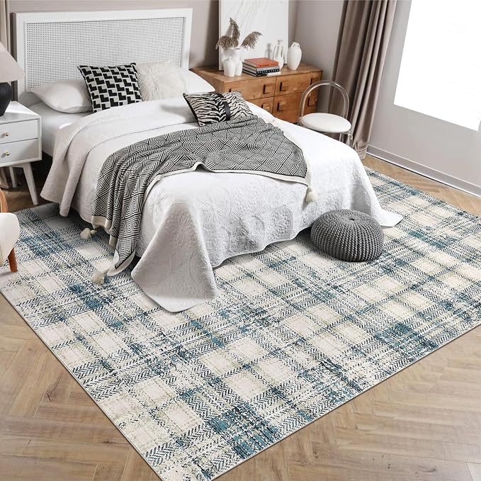 Large Area Rug 10x13 Living Room Rug Washable Modern Plaid Soft Rugs for Bedroom Tartan Non Slip Throw Rugs Stain Resistant Carpet for Dining Room Office Nursery Rug 10'x13' Green/Beige