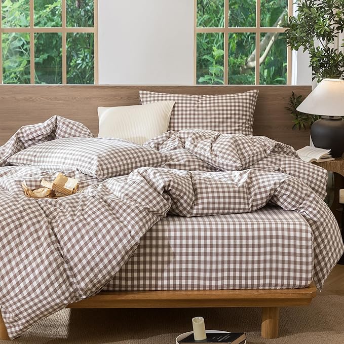 MooMee Gingham Duvet Cover Set 100% Washed Cotton Linen Like Textured Breathable Durable Soft Comfy Modern Checkered Design (Brown Gingham, Twin 68"x90")