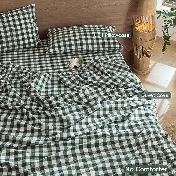 MooMee Gingham Duvet Cover Set 100% Washed Cotton Linen Like Textured Breathable Durable Soft Comfy Modern Checkered Design (Buffalo Plaid Forest Green, Twin 68"x90")