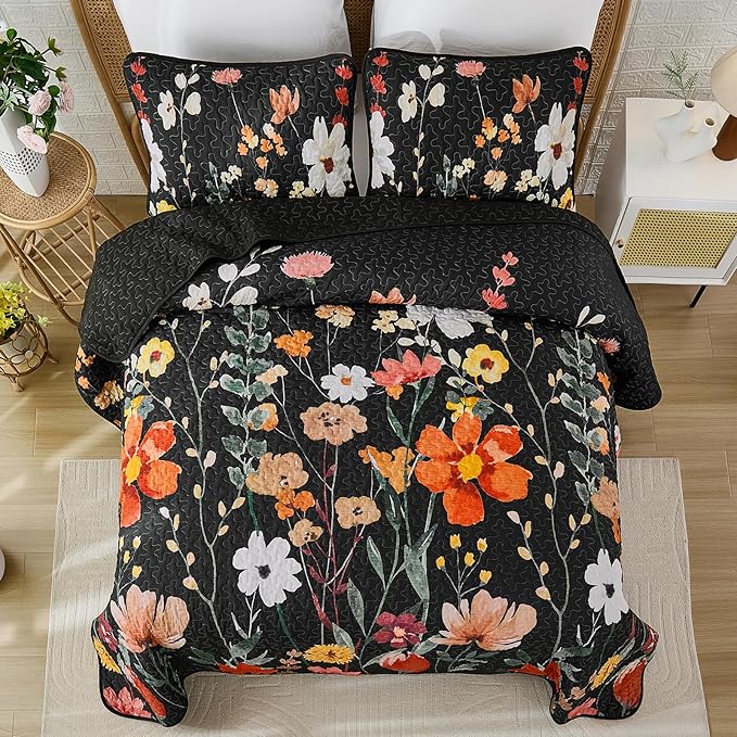 Anibedding Black Quilt Set Queen Size, Colorful Floral Bedspread with 2 Pillowcases, Soft Microfiber Lightweight Coverlet Bedding Set for All Season(96"x90")
