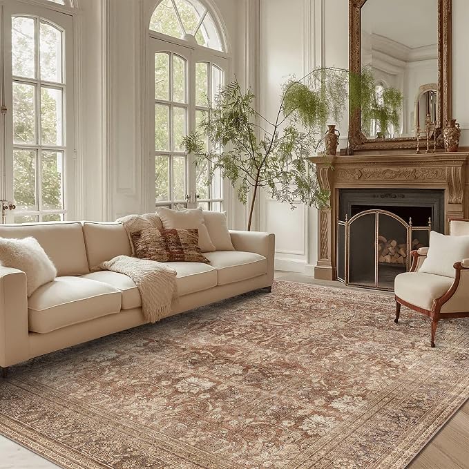 vivorug 9x12 Area Rugs for Living Room, Non Slip Machine Washable Vintage Rug, Ultra-Thin Lightweight Large Area Rug for Bedroom, Dining Room, Low Pile Brown Rug