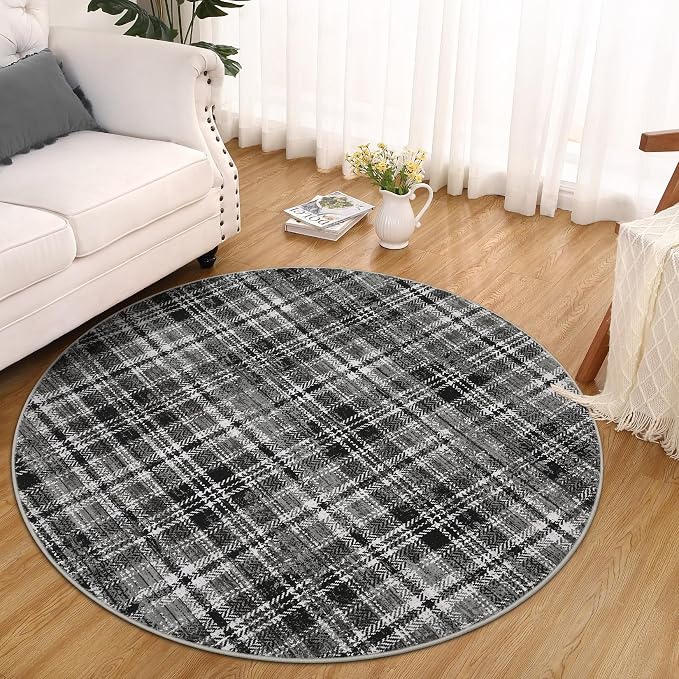 Tartan Plaid Washable Rug, Soft Round Rugs 5ft Circle Carpets for Bedroom Modern Ultra-Thin, Circular Carpet for Living Room Nursery Dorm Bedside, Black