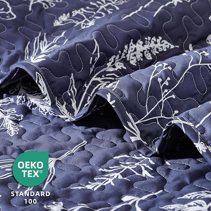 JANZAA Quilts Queen Size Navy Blue Floral Queen Quilt Bedding Set Microfiber Boho Bedspread Lightweight Reversible Coverlet 1 Quilt 90x90 inches with 2 Pillow Cases