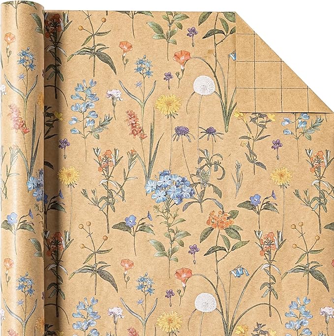 WRAPAHOLIC Kraft Floral Wrapping Paper Roll - Mini Roll - 17 Inch x 33 Feet - Wildflower Wrapping Paper Perfect for Girls Women Birthday, Wedding, Bridal Shower
