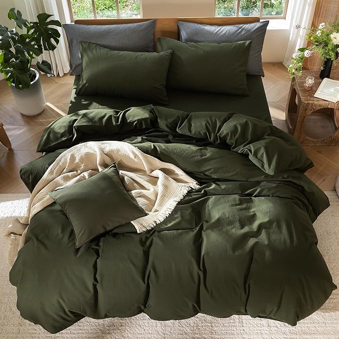 MooMee Bedding Duvet Cover Set 100% Washed Cotton Linen Like Textured Breathable Durable Soft Comfy (Solid Olive Green, Super Queen 90"x98")