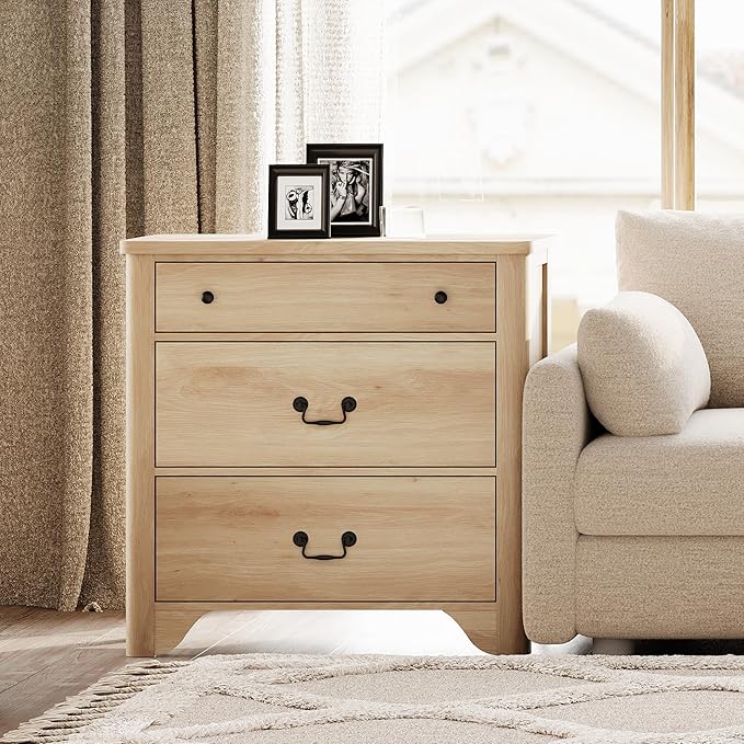 WAMPAT 3 Drawer Dresser for Bedroom, 31.5" Farmhouse Dresser, Kids Dressers for Nursery with Wide Chest of Drawers for Bedroom, Living Room, Oak