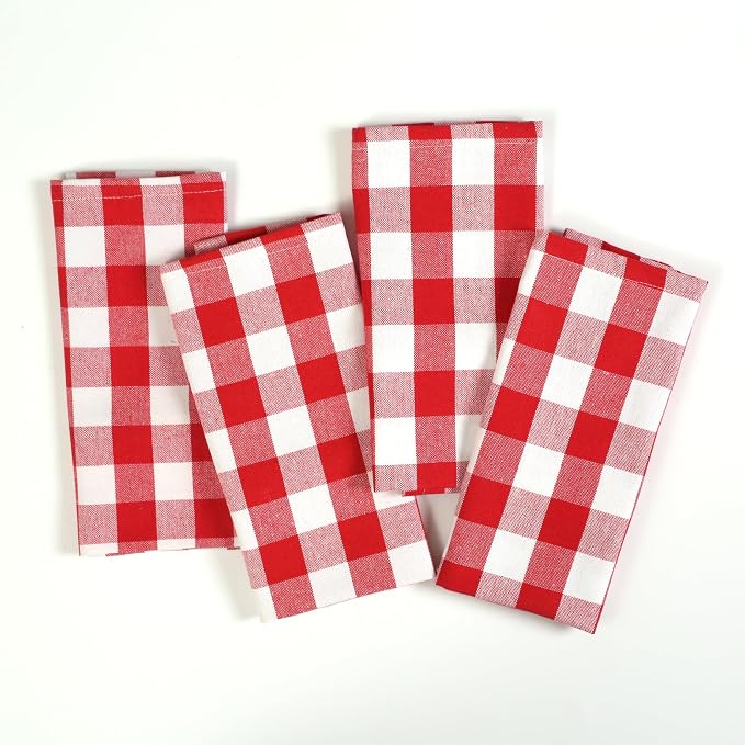 Gingham Check Dish Towels 12 Pack, 18"x26", Absorbent Hand Towels for Kitchen Use, Quick Dry Cloths, 100% Cotton, Durable Washable Rags, Reusable Dishcloth Set - Red, White