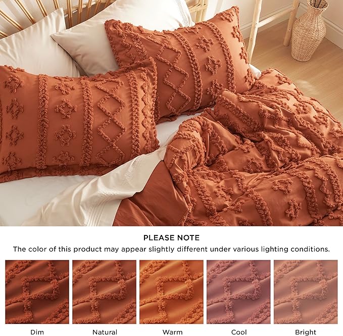 Bedsure Boho Duvet Cover Queen Size, Soft & Comfortable Elegant Design Boho Bedding for Decoration, Machine Washable Comforter Cover for All Seasons,Includes 1 Duvet Cover & 2 Pillow Shams,Terracotta